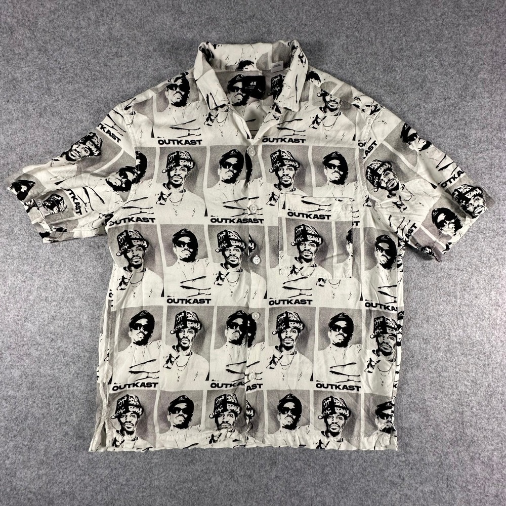 H&M Outkast Button Up Shirt Small White Mens Hip Hop Graphic Short Sleeve